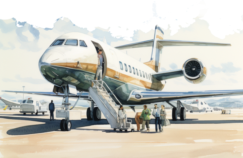 Watercolor image of Private Jet at Signature Airport waiting for limo,Rolls Royce to and from Signature airports in Maryland, DC and Virginia