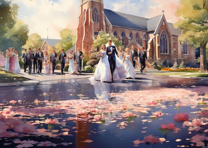 Watercolor of wedding party emerging from large brick church, Wedding Limousines, Vintage Limos, Vintagelimos, Wedding Transportation, Wedding party transportation, Sprinter, Escalade, Bus, Shuttle Bus, Wedding Guests